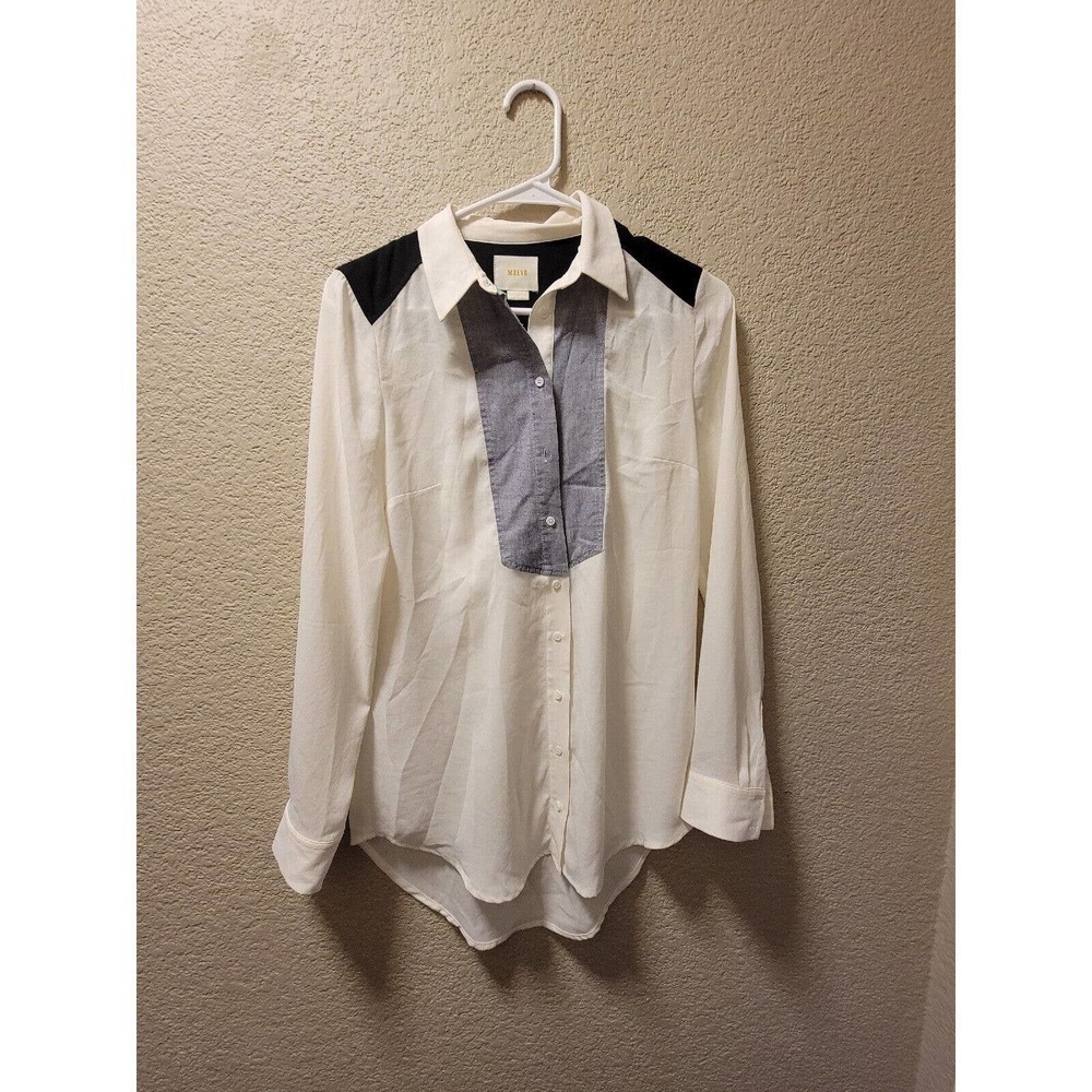 Anthropologie Maeve Tunic Top Blouse Cream Blue Black Belted Denim Women's 2